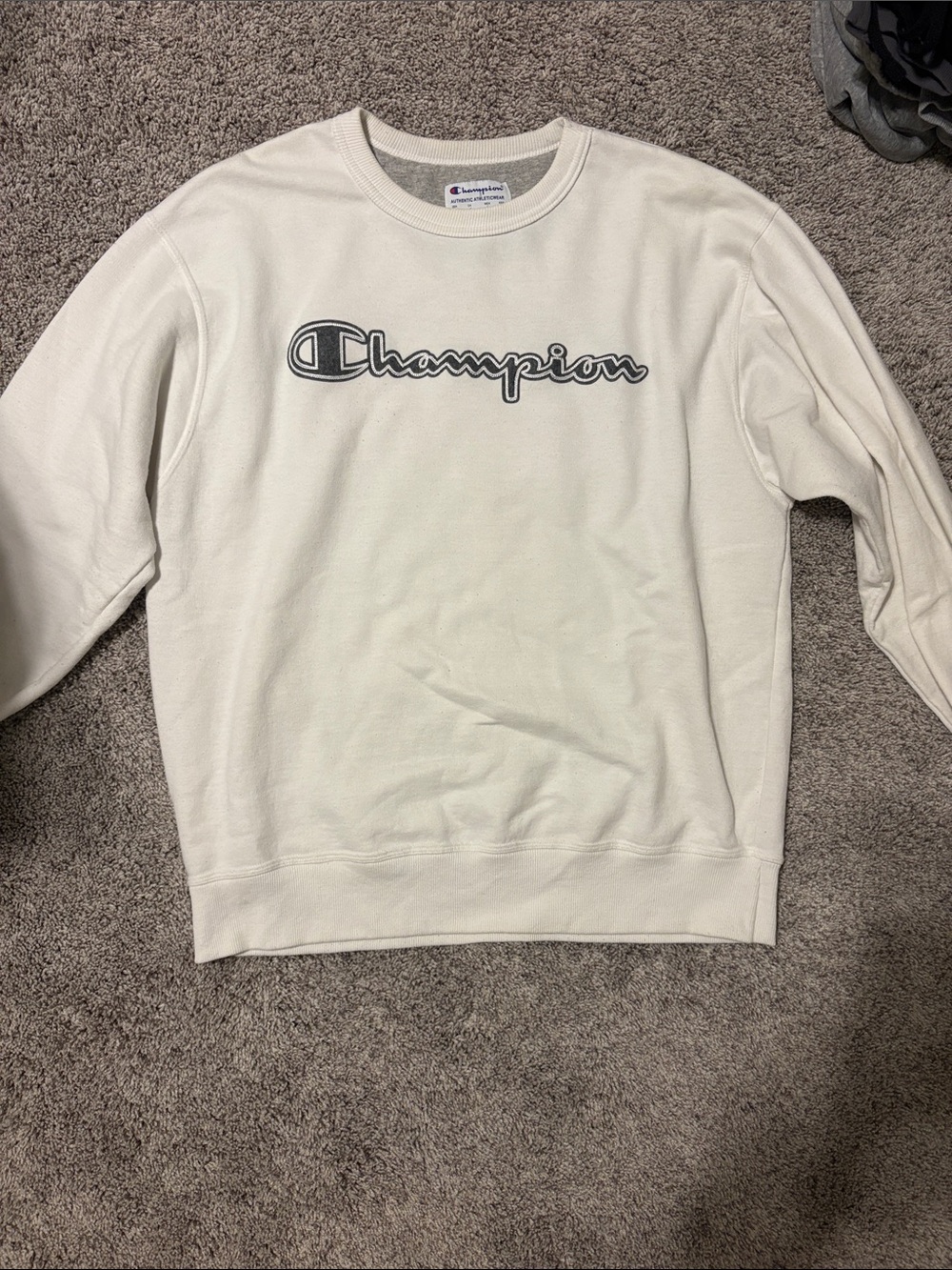 Champion Men's Crewneck Sweatshirt in Cream with Black Script